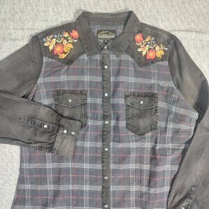 Overland Womens Pearl Snap Western Shirt Embroidered Flowers Yoke Cowgirl Plaid